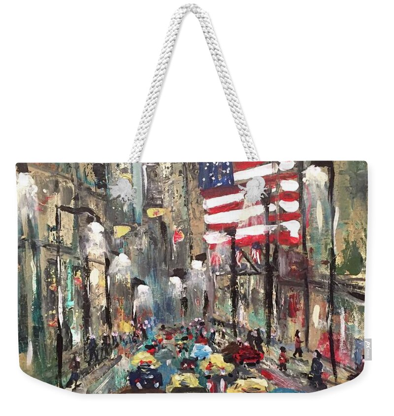 Wall Street New York American Flag Cars Traffic People Lights Buildings Manhattan Money Finance Print Acrylic Painting Blue Red Evening Stores Weekender Tote Bag featuring the painting wall street NY by Miroslaw Chelchowski