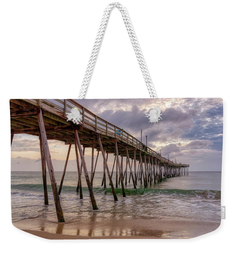 Ocean Weekender Tote Bag featuring the photograph Warm Avalon Pier Sunrise by Donna Twiford