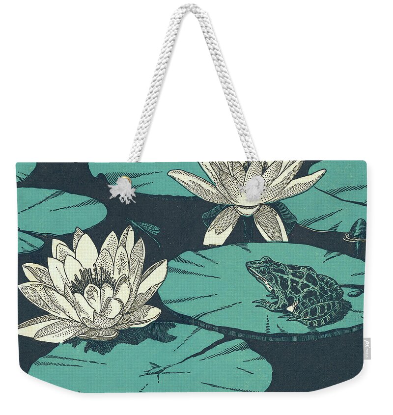 Amphibian Weekender Tote Bag featuring the drawing Water Lillies and Toad by CSA Images