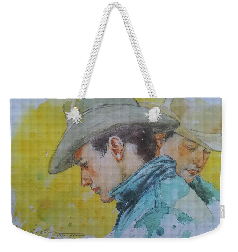 Waterolor Weekender Tote Bag featuring the painting Watercolor portrait of cowboys #18125 by Hongtao Huang