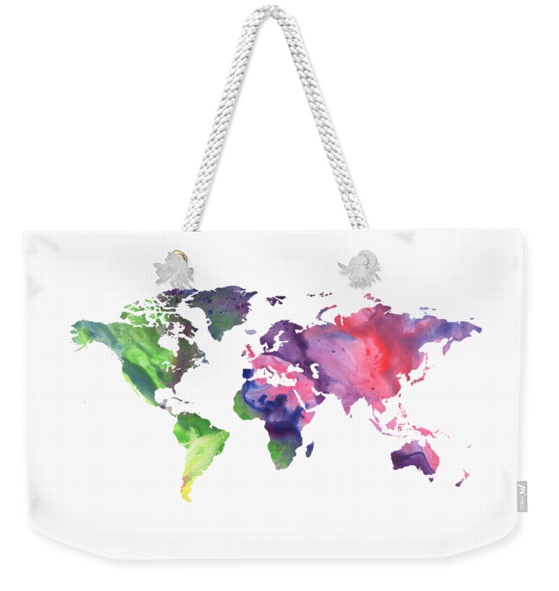 Green Weekender Tote Bag featuring the painting Watercolor Silhouette World Map Colorful PNG X by Irina Sztukowski