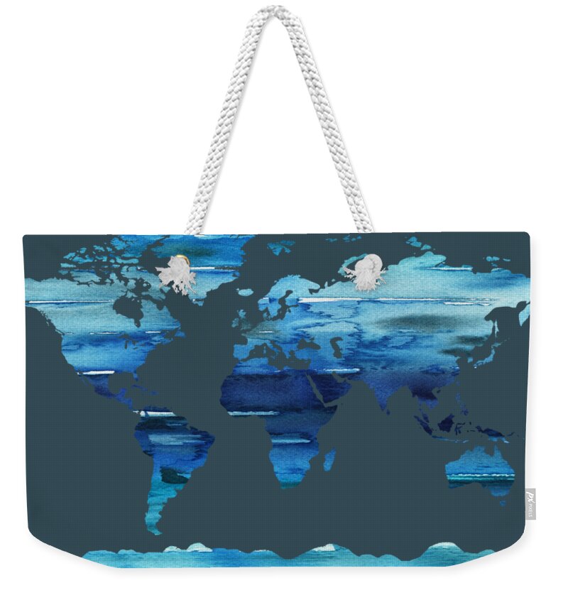 Blue Weekender Tote Bag featuring the painting Watercolor Silhouette World Map Colorful PNG XIX by Irina Sztukowski
