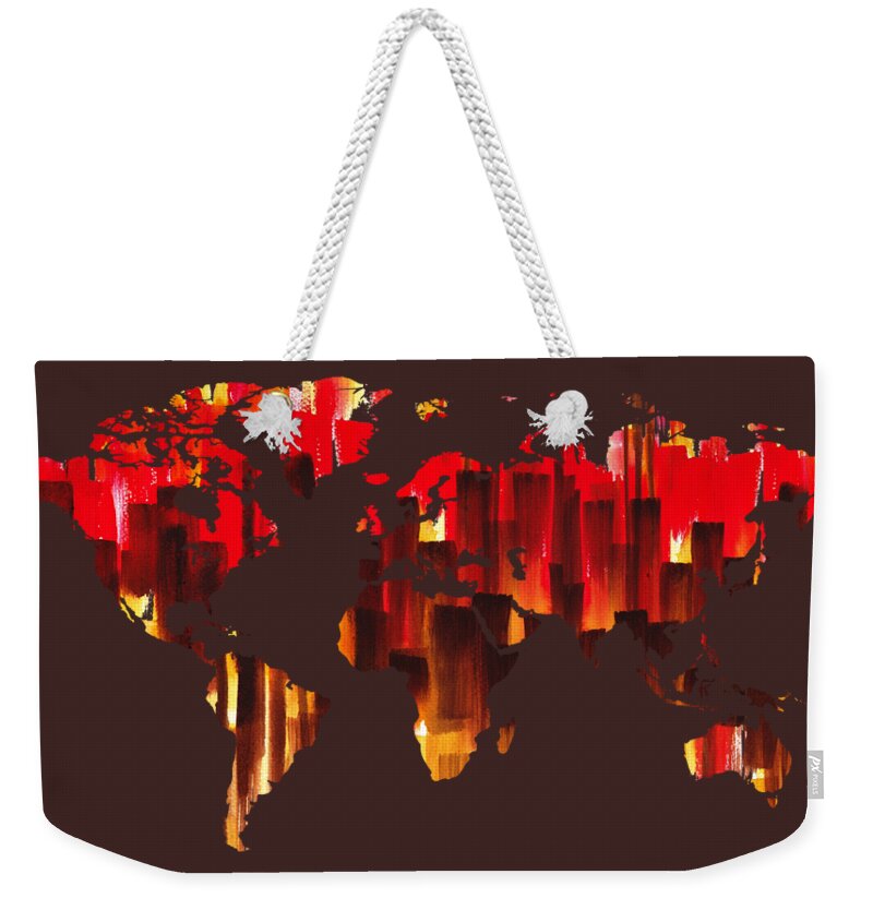 Red Weekender Tote Bag featuring the painting Watercolor Silhouette World Map Colorful PNG XXIX by Irina Sztukowski
