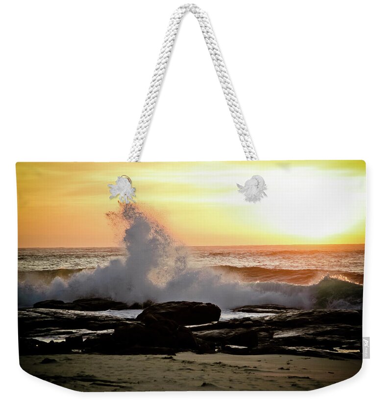 Water's Edge Weekender Tote Bag featuring the photograph Wave And Sunset by Christopher Kimmel