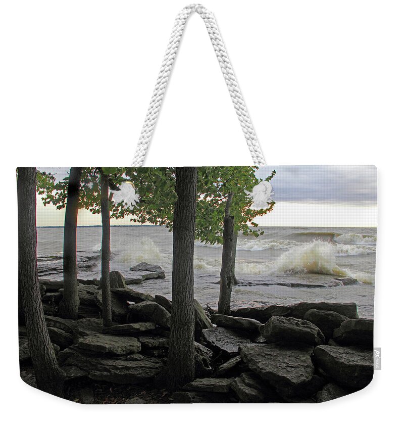 Waves Against The Rocky Shore Weekender Tote Bag featuring the photograph Waves against the Rocky Shore by Angela Murdock
