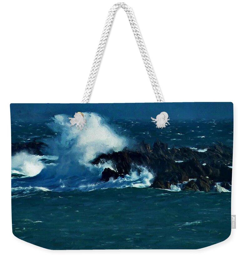 Waves Weekender Tote Bag featuring the digital art Waves On The Rocks by Russ Harris