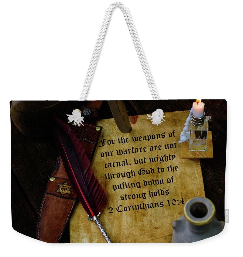 Verse Weekender Tote Bag featuring the photograph Weapons of Warfare by Tikvah's Hope