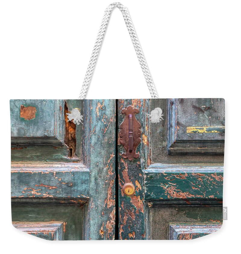 Cortona Weekender Tote Bag featuring the photograph Weathered Rustic Green Door of Cortona by David Letts
