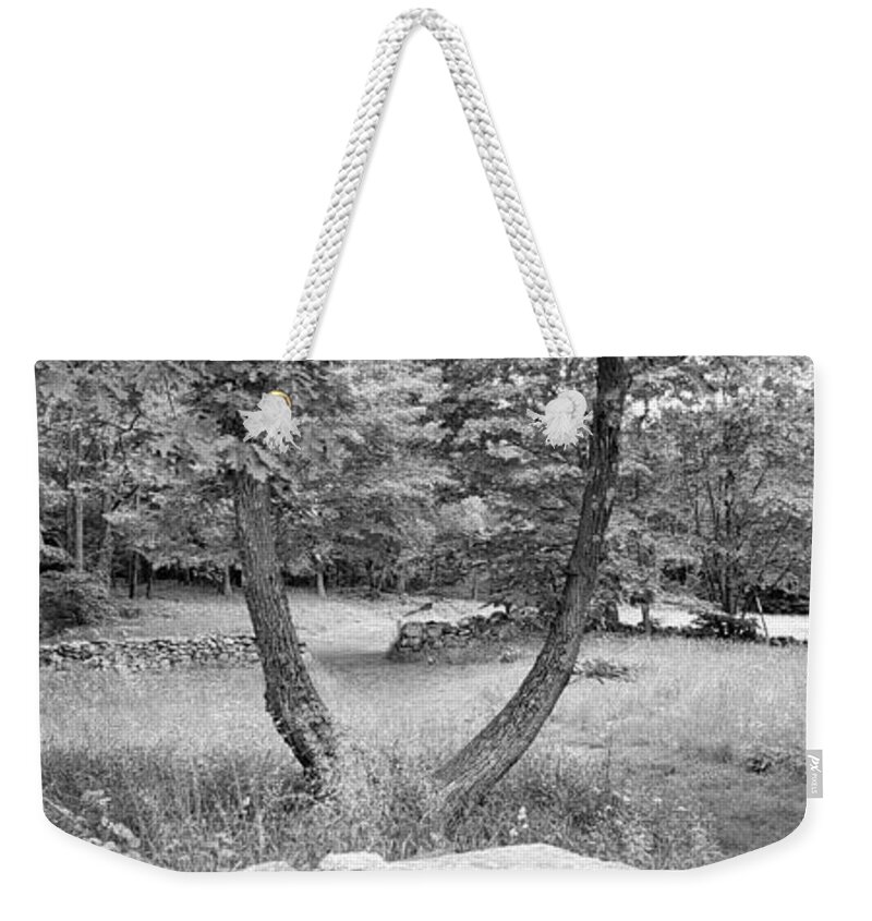 Weir Farms Weekender Tote Bag featuring the photograph Weir Farm Stones And Trees B W by Rob Hans