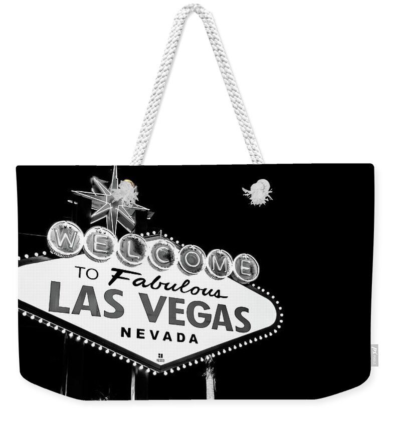 Las Vegas Sign Weekender Tote Bag featuring the photograph Welcome to Las Vegas Neon Sign - Nevada USA Monochrome Panorama by Gregory Ballos