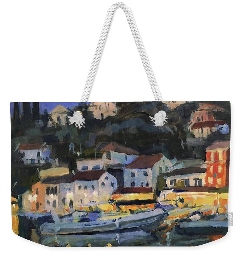 Loggos Weekender Tote Bag featuring the painting When the evening falls in Loggos by Nop Briex