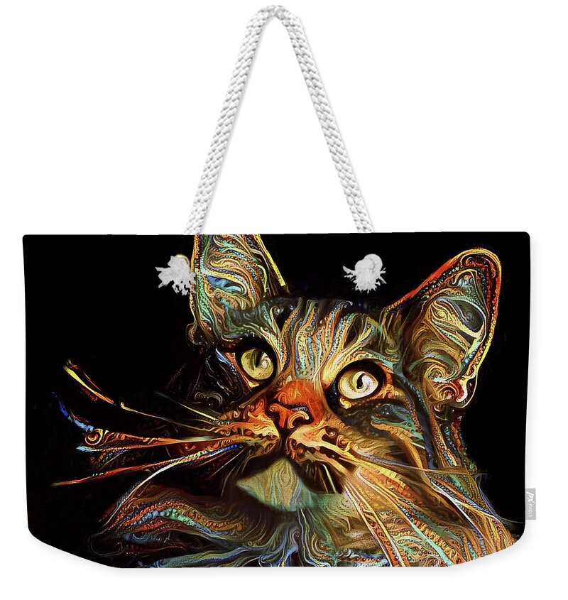 Maine Coon Cat Weekender Tote Bag featuring the digital art Whiskers the Maine Coon Cat by Peggy Collins