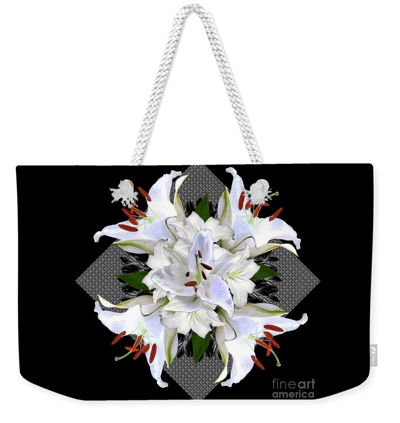 White Weekender Tote Bag featuring the digital art White Lily Collage for Pillows by Delynn Addams