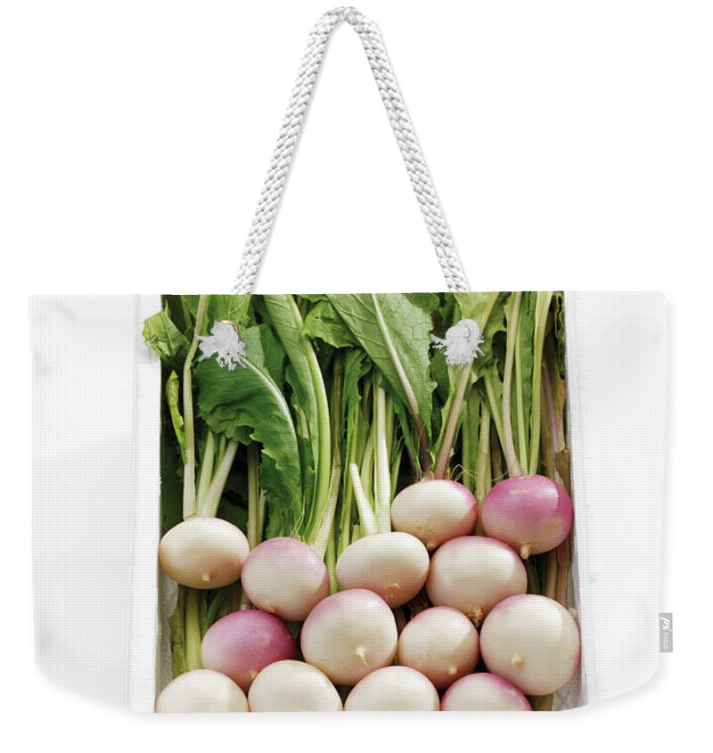 Shadow Weekender Tote Bag featuring the photograph White Baby Turnips In Tray by Westend61