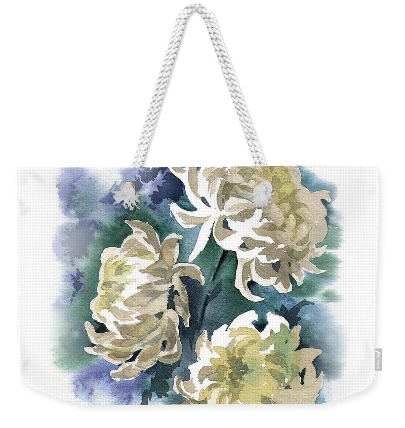 Russian Artists New Wave Weekender Tote Bag featuring the painting White Chrysanthemum Flowers by Ina Petrashkevich