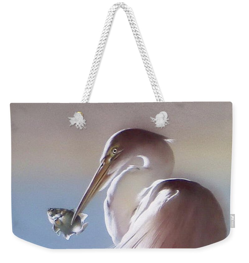 Russian Artists New Wave Weekender Tote Bag featuring the painting White Heron with Fish by Alina Oseeva