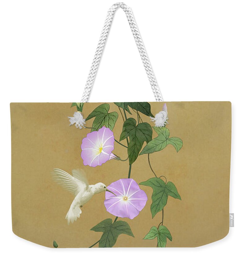 Bird Weekender Tote Bag featuring the digital art White Hummingbird and Morning Glory Vine by M Spadecaller