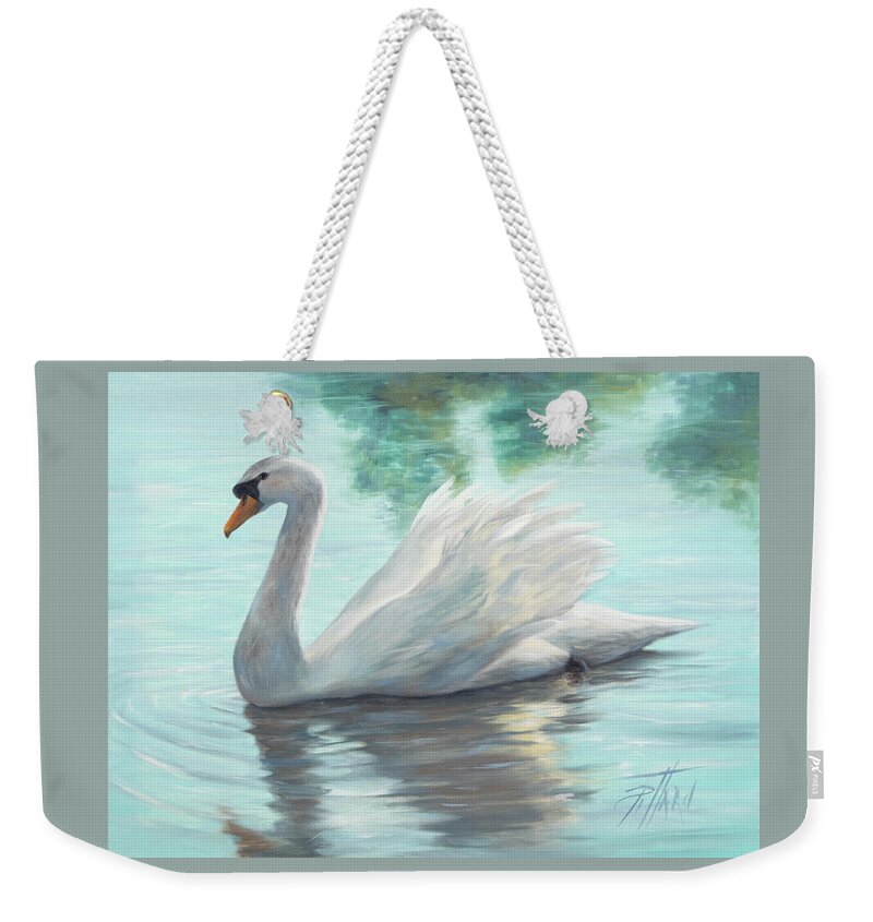 White Swan Weekender Tote Bag featuring the painting An Elegant White Swan by Lynne Pittard