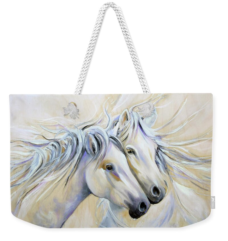 White Horse Painting Weekender Tote Bag featuring the painting White Wind by Laurie Pace