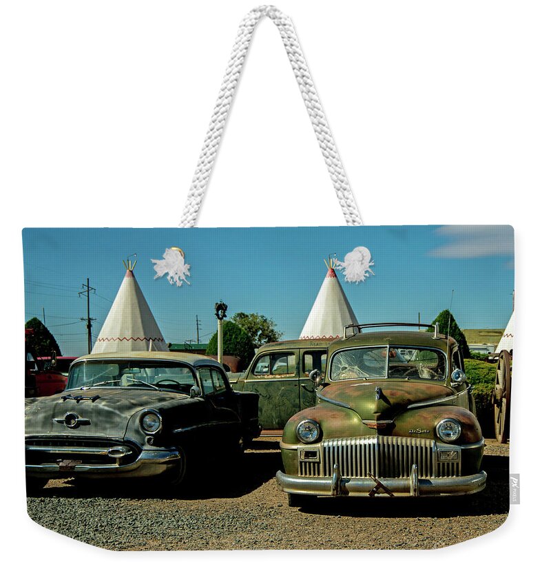 Wigwam Motel Weekender Tote Bag featuring the photograph Wigwam Relics by Stephen Whalen