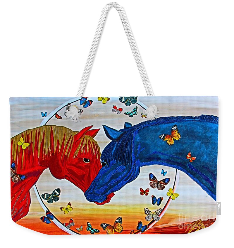 Prints Weekender Tote Bag featuring the painting Wild Horses Eclipse by Barbara Donovan