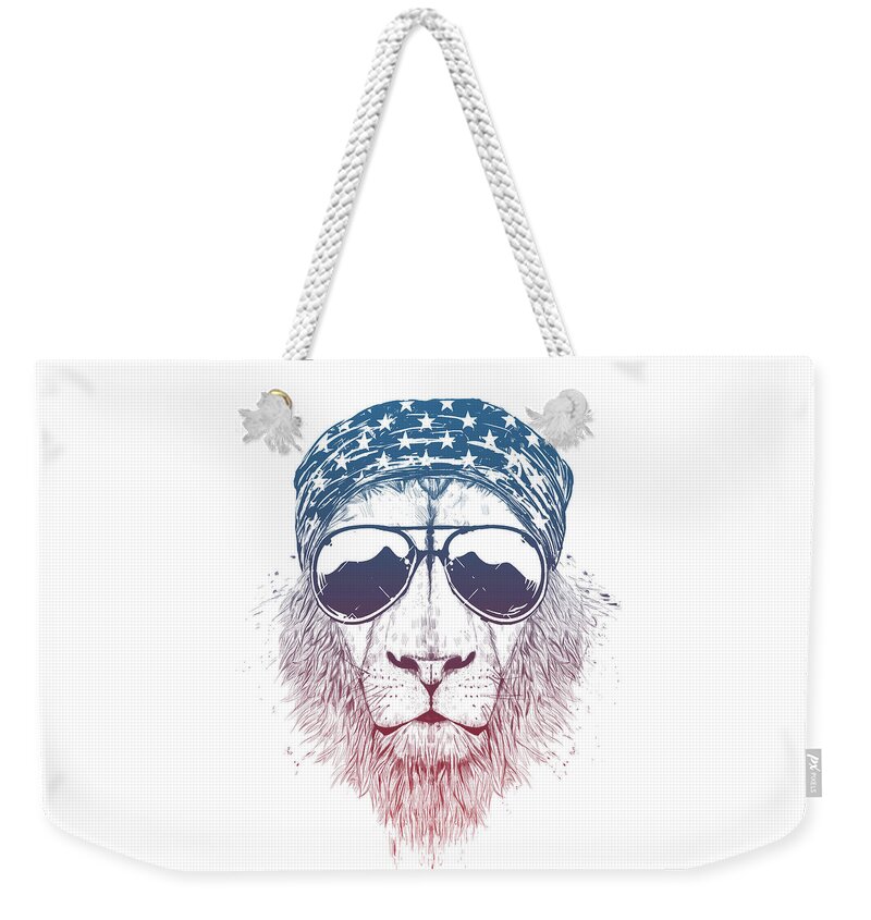 Lion Weekender Tote Bag featuring the drawing Wild lion II by Balazs Solti