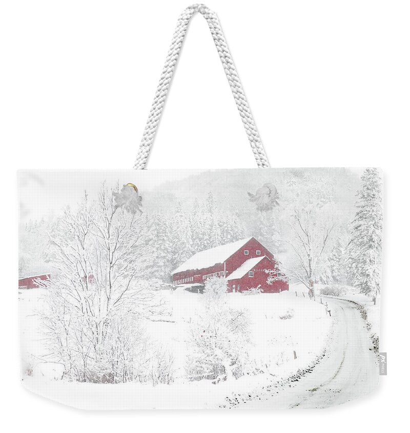 Vermont Weekender Tote Bag featuring the photograph Wilder Farm in Snowstorm by Tim Kirchoff