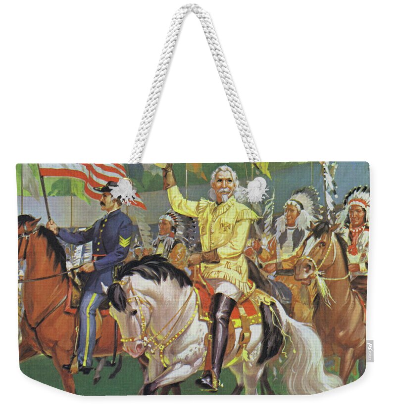 History; America; Historical; Europe; Circus; Show; Wild West; Cowboy; Buffalo Bill; American Native Indians; William Cody; Red Indians; Trips; Horsemanship Weekender Tote Bag featuring the painting William Cody, Buffalo Bill by Angus McBride