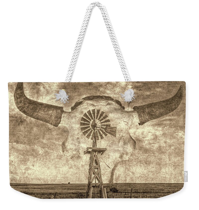 Kansas Weekender Tote Bag featuring the photograph Windmill and Bison 001 by Rob Graham