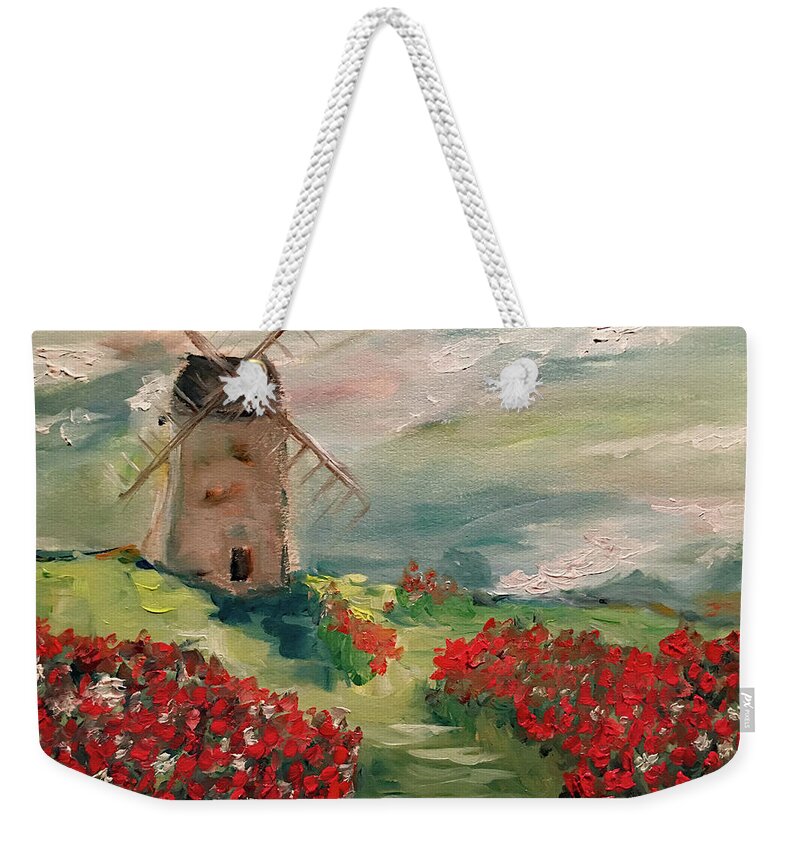 Windmill Weekender Tote Bag featuring the painting Windmill in a Poppy Field by Roxy Rich