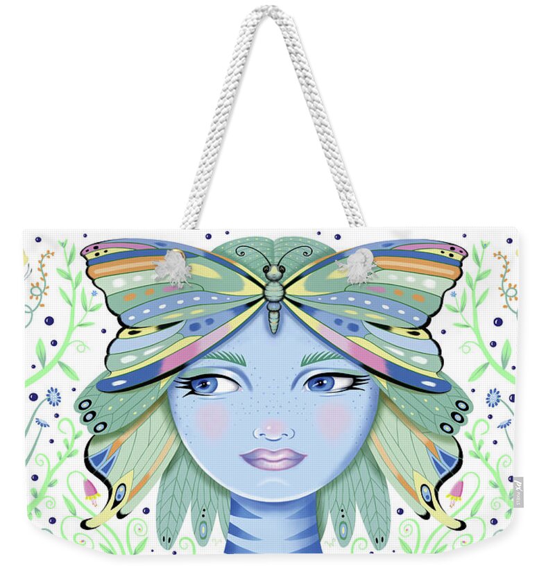 Fantasy Weekender Tote Bag featuring the digital art Insect Girl, Winga - Oblong White by Valerie White