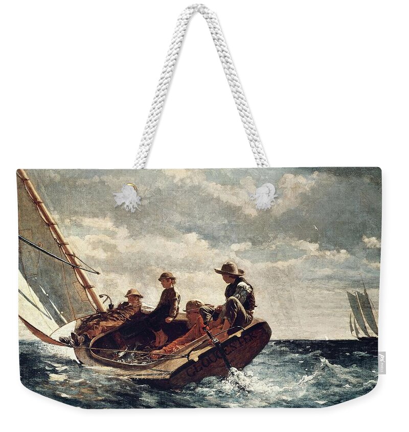 Painting Weekender Tote Bag featuring the painting Winslow Homer Breezing Up -A Fair Wind-. Date/Period 1873 - 1876. Painting. by Winslow Homer