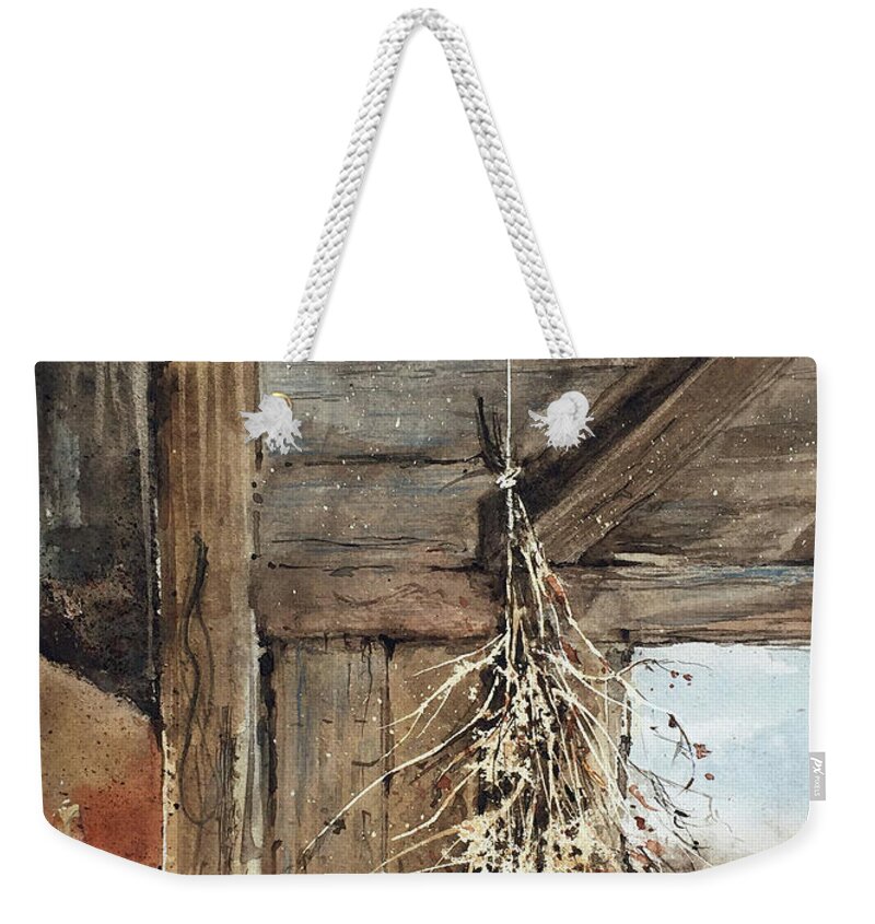 A Clump Of Dried Grasses Hangs From A String Inside A Weathered Barn In Jamestown.  Weekender Tote Bag featuring the painting Winter Bouquet by Monte Toon