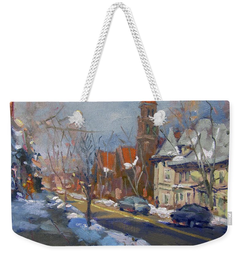 Winter Weekender Tote Bag featuring the painting Winter in Elmwood Ave Buffalo NY by Ylli Haruni