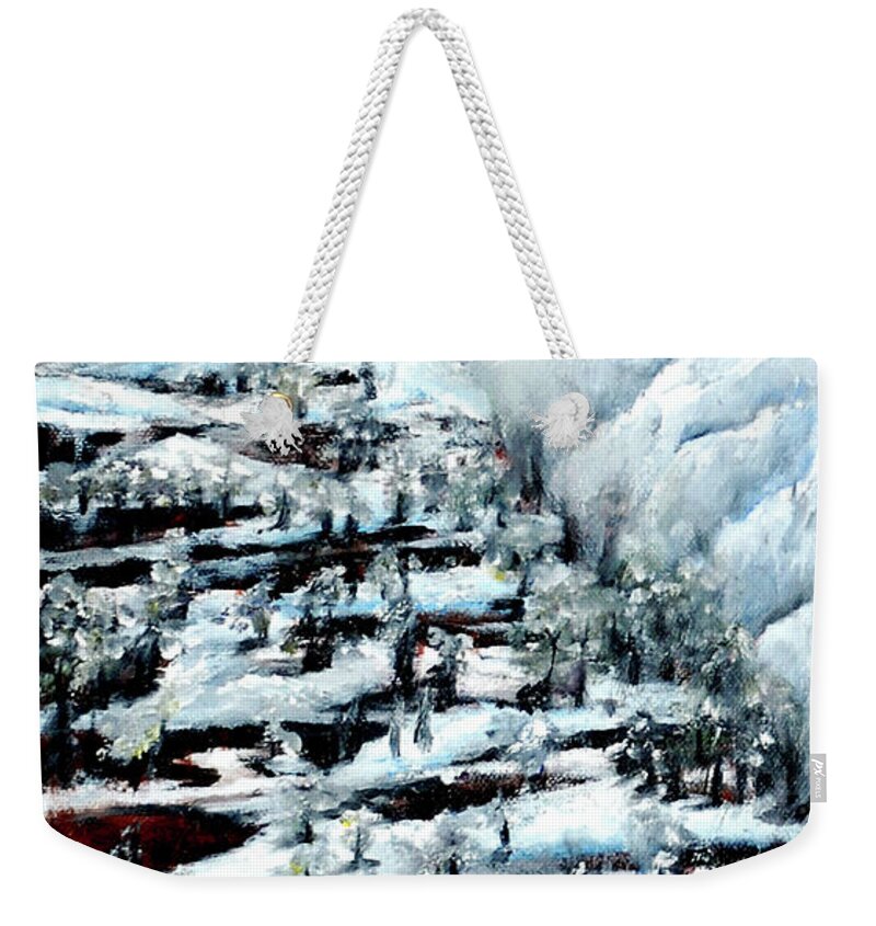 Snow Weekender Tote Bag featuring the painting Winter in Mountains by Medea Ioseliani