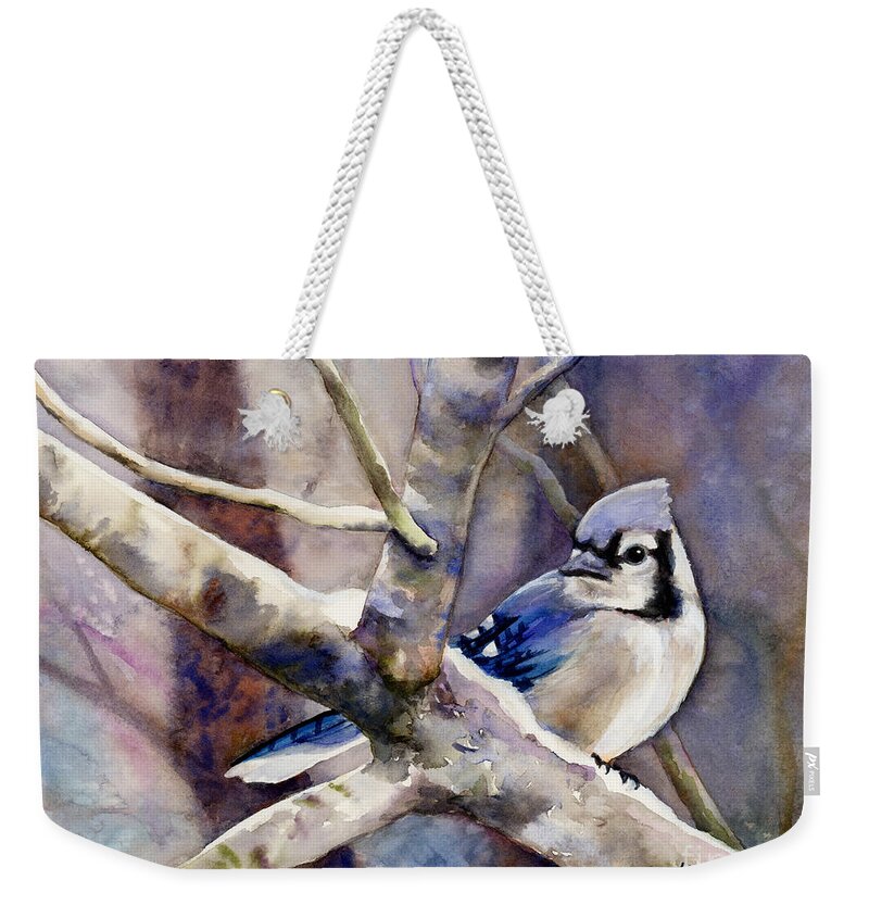 Blue Jay Weekender Tote Bag featuring the painting Winter Jay by Hailey E Herrera