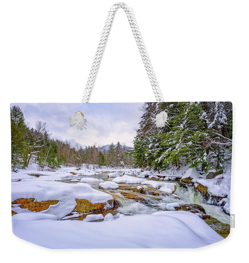 Snow Weekender Tote Bag featuring the photograph Winter On The Swift River. by Jeff Sinon