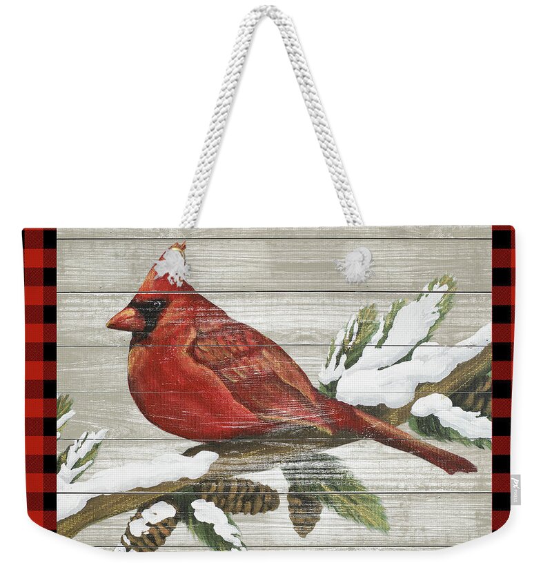 Winter Weekender Tote Bag featuring the painting Winter Red Bird Iv by Tiffany Hakimipour