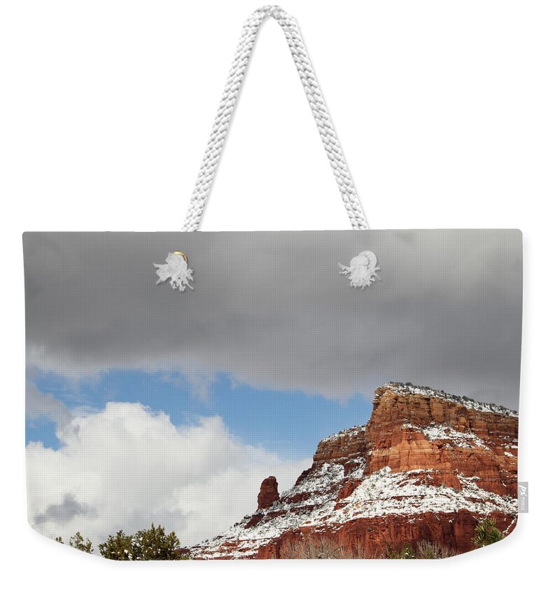 Scenics Weekender Tote Bag featuring the photograph Winter Snow Red Rock Sedona by Sassy1902