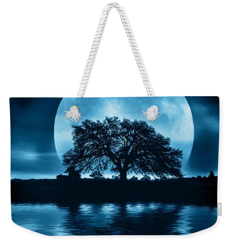 Winter Solstice Weekender Tote Bag featuring the photograph Winter Solstice Blessings Cards with Oak Tree, Moon and Water by Stephanie Laird