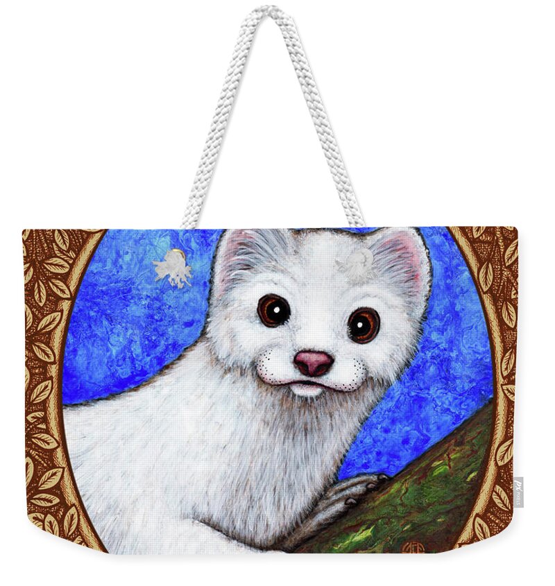 Animal Portrait Weekender Tote Bag featuring the painting Winter Weasel Portrait - Brown Border by Amy E Fraser