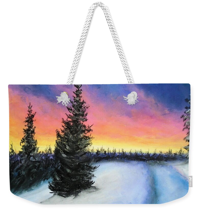 Winter Weekender Tote Bag featuring the drawing Winter's escape by Jen Shearer