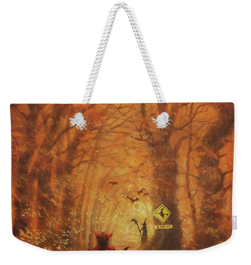 Halloween Weekender Tote Bag featuring the painting Witch Crossing Ahead by Tom Shropshire
