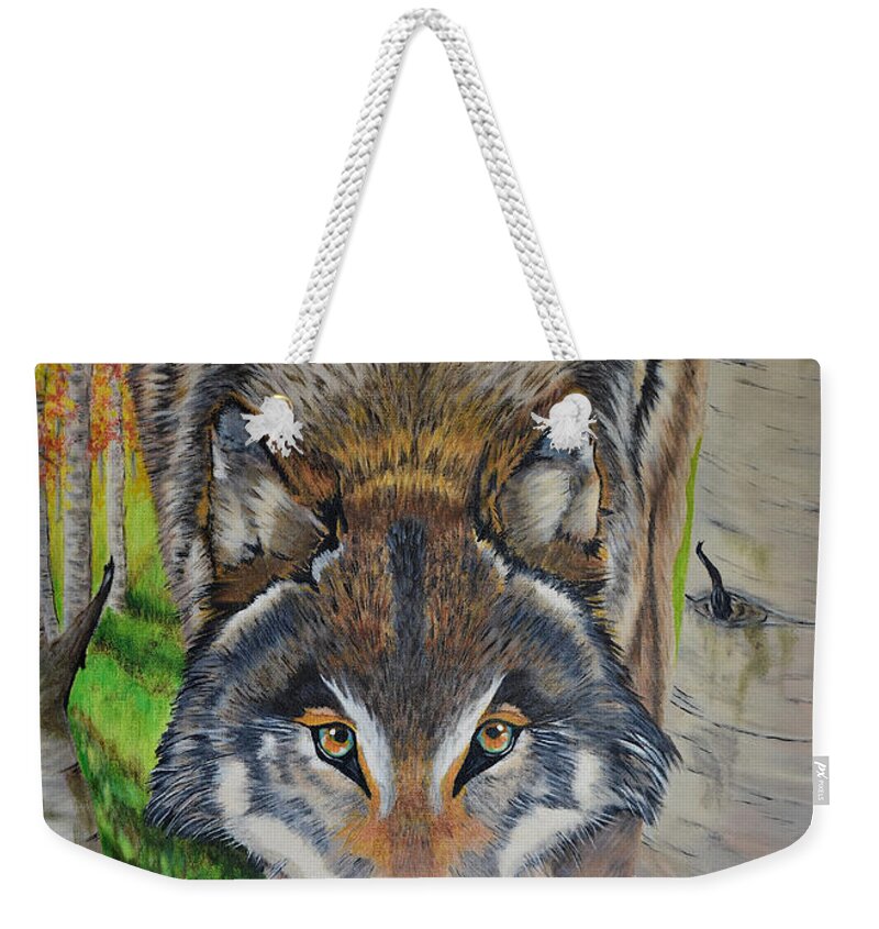 Wolf Weekender Tote Bag featuring the painting Wolf - Spirit Animal by Yvonne Johnstone
