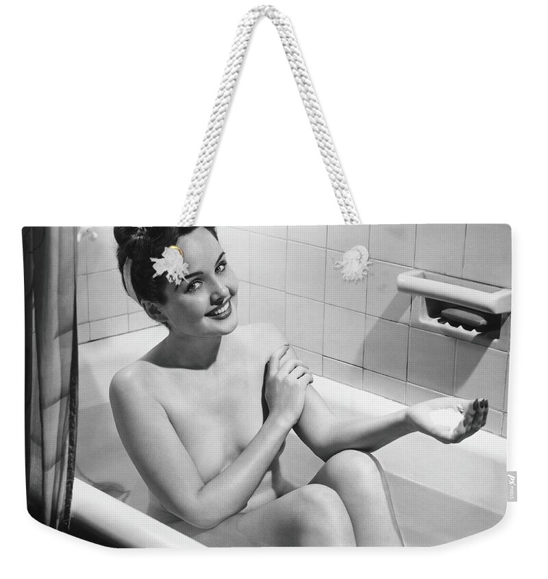Human Arm Weekender Tote Bag featuring the photograph Woman Bathing, B&w, Portrait by George Marks