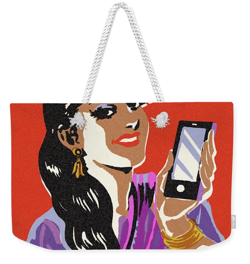 Adult Weekender Tote Bag featuring the drawing Woman Holding a Smartphone by CSA Images
