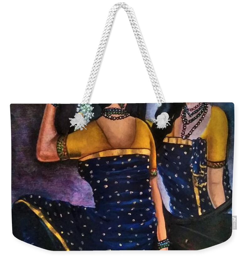 Woman Weekender Tote Bag featuring the painting Woman in front of mirror by Tara Krishna