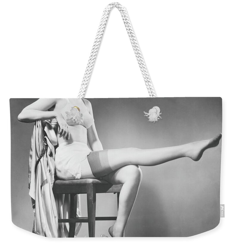 People Weekender Tote Bag featuring the photograph Woman In Lingerie Posing In Studio, B&w by George Marks