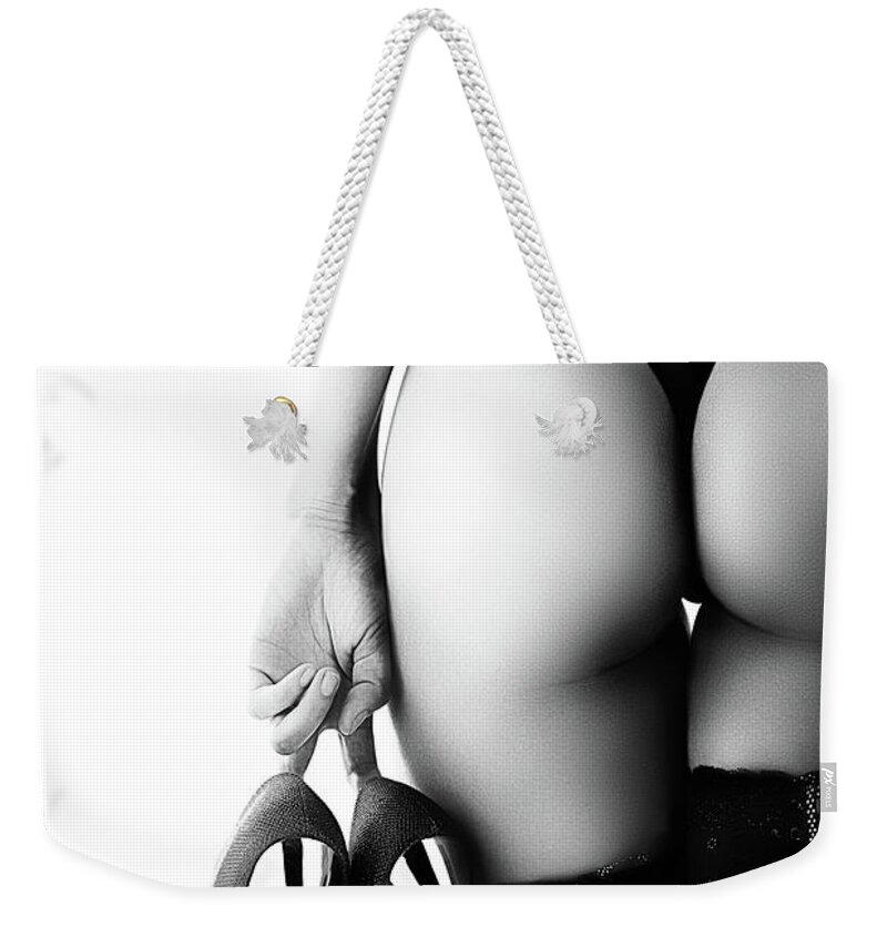 Woman Weekender Tote Bag featuring the photograph Woman in lingerie rear view by Johan Swanepoel