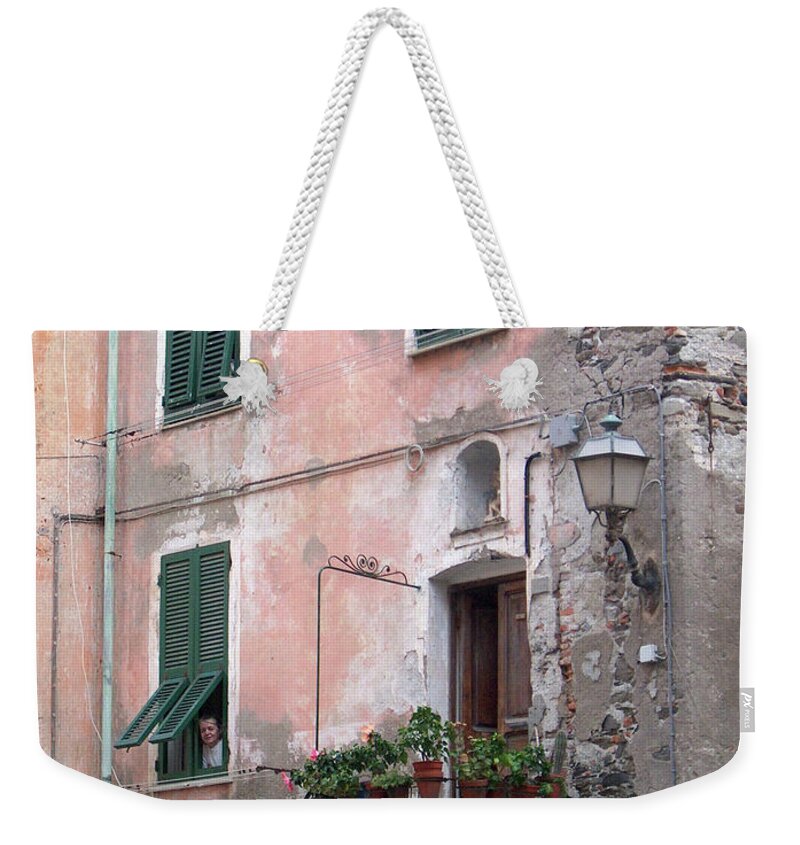 Cinque Terre Weekender Tote Bag featuring the photograph Green Shutters by Leslie Struxness